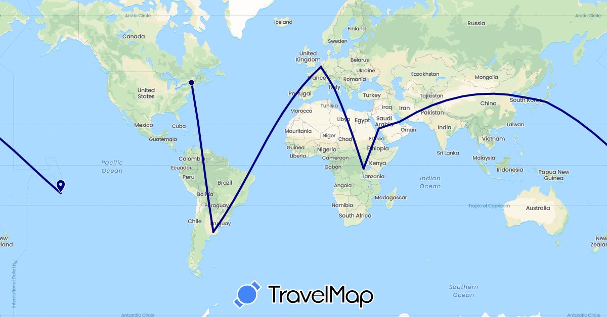TravelMap itinerary: driving in Argentina, Belgium, France, Italy, Japan, South Korea, Qatar, Rwanda, Saudi Arabia, United States (Africa, Asia, Europe, North America, South America)